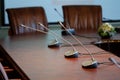 Table microphones at the conference hall Royalty Free Stock Photo