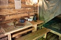 Table with military map, bed and utensils partisan dugout