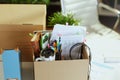 table in modern green office with personal belongings in cardboard box