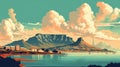 Table Mountain Cape Town on a sunny day - illustration retro style - made with Generative AI tools Royalty Free Stock Photo