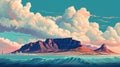 Table Mountain Cape Town on a sunny day - illustration retro style - made with Generative AI tools Royalty Free Stock Photo