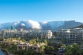 Table Mountain`s tablecloth. Natural phenomenon tablecloth clouds coming over Table Mountain. Cape Town, South Africa Royalty Free Stock Photo