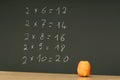 Table multiplication on blackboard desk with apple Royalty Free Stock Photo