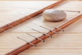 Table with needles for acupuncture. Silver needles for traditional Chinese acupuncture medicine on table. The full depth of cut Royalty Free Stock Photo