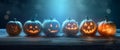 horror night copyspace halloween background fear blue table mystery evil pumpkin. Generative AI. Royalty Free Stock Photo