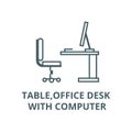 Table,office desk with computer sideview vector line icon, linear concept, outline sign, symbol Royalty Free Stock Photo