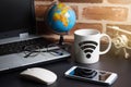 Table of office stuff Business man with Laptop, Wireless mouse,