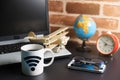 Table of office stuff Business man with Laptop, Wireless mouse,