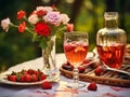 on the table a pair of glasses with strawberry infusion and a vase with roses