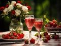 on the table a pair of glasses with strawberry infusion and a vase with roses