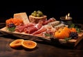 Table of pickled cold cuts and various cheeses. Generative Ai