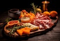 Table of pickled cold cuts and various cheeses. Generative Ai Royalty Free Stock Photo