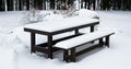 The table and picnic bench in the forest are covered with snow Royalty Free Stock Photo