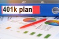 On the table are pie charts, a pen and a folder with the inscription - 401k plan Royalty Free Stock Photo