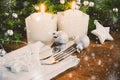 Table Place Setting for Christmas Eve. Winter Holidays. Christmas background. Royalty Free Stock Photo