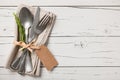 Table place setting. Vintage tableware on wooden background. Royalty Free Stock Photo