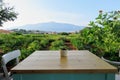 A table for a place to have dinner beside a sprawling wine vineyard growing the local grk grapes with the small town of Lumbarda