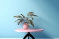 Table with plant in vase against blue wall background. Generative AI Royalty Free Stock Photo