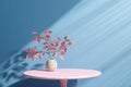 Table with plant in vase against blue wall background. Generative AI Royalty Free Stock Photo