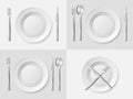 Table plate. Circle ceramic dish with metal cutlery. Spoon and fork. Eat food by dining knife. Empty bowl. Dinner Royalty Free Stock Photo