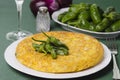 Table with a plate containing a Spanish omelette.