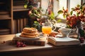 Table With Plate of Food and Cup of Coffee Royalty Free Stock Photo