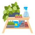 Table with potted plants, a spray bottle, bags of soil and fertilizer. Home plant growing. Eco hobby equipments. Vector Royalty Free Stock Photo
