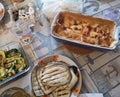 Table prepared with food cake satata speck and cherry tomatoes