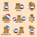 Table of prepositions of place with funny animal character. English for children. Educational visual material for kids Royalty Free Stock Photo