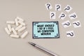 On the table are question marks and a sticker with the inscription - What should i do if i feel my condition worsen Royalty Free Stock Photo