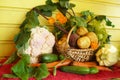 On the table with the red tablecloth is a basket with three potatoes, beets and cucumbers, a head of cauliflower and zucchini, lo