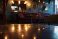 table with reflective surface, outoffocus cozy cafe nook behind