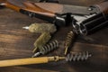 Cleaning the gun on a wooden table Royalty Free Stock Photo