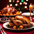 table with roast turkey, traditional christmas meal