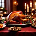 table with roast turkey, traditional christmas meal