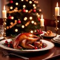 table with roast turkey, traditional christmas meal