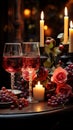 Table for romance Red wine candles roses