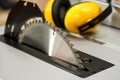 Table saw cutting wood , Circular saw blade for wood work .Carpenter tools