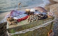 On the table are seafood: big fish, smaller fish, lobsters, mussels, oysters. The table stands on a pebble beach on the surf line