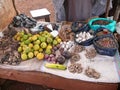 Table with selling fruits, roots, nuts, spices. Africa, Kenya,