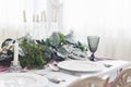 Table served for Christmas dinner in living room, close up view Royalty Free Stock Photo