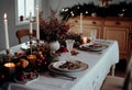 Table served for Christmas dinner in living room, close up view, AI Generated Royalty Free Stock Photo