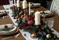 Table served for Christmas dinner in living room, close up view, AI Generated Royalty Free Stock Photo