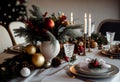 Table served for Christmas dinner in living room, close up view, AI Generated Royalty Free Stock Photo