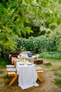 Table served in the garden for a family dinner. a romantic dinner Royalty Free Stock Photo