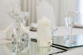 Table served for newlyweds dinner in restaurant Royalty Free Stock Photo