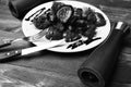 Table served for one in restaurant or cafe. Appetizer and cooking concept. Fork, knife, salt and pepper Royalty Free Stock Photo