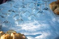 Table served outside in garden with many empty wine glasses for party, celebration or wine tasting Royalty Free Stock Photo