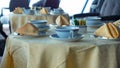 Table served with tablecloth and tablewear. Served table in restaurant. Cafe table Royalty Free Stock Photo