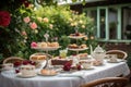 table set for afternoon tea, with delicate cups, pastries and rose garden in the background